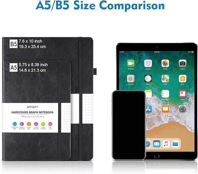 Graph Paper Notebook, 312 Numbered Pages Large A4 Hardcover Leather Journal, 100gsm No Bleed Grid Paper Notebook with Index Pages, Squared Grid Notebook for Graphing Notes Math, 8.5'' × 11'', Blue