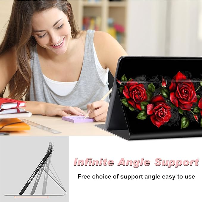 for All-New Kindle Fire 7 Tablet Case (12th Gen, 2022 Release),Slim Lightweight Smart Shell Stand Cover with Auto Wake/Sleep for Amazon Fire 7 Kids Tablet,Red Roses Flowers