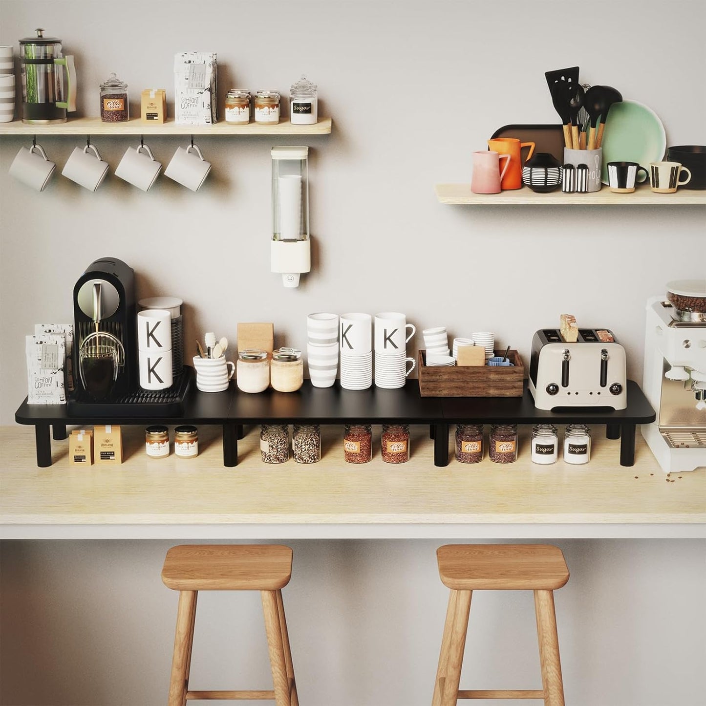 43.7" Extra Long Dual Monitor Stand Riser, Wood & Steel Monitor Stand for 2 Monitors, Wide TV Stand, Desktop Riser for Desk Organization, Home Office,Laptop,Printer,TV (Black)