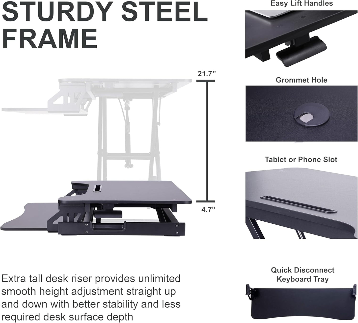 Rocelco 43" Height Adjustable Standing Desk Converter with Anti Fatigue Floor Mat - Tall Stand Up Tabletop Riser and Tablet Slot - Computer Workstation - Deep Keyboard Tray - Black (R VADRB-43-MAFM)