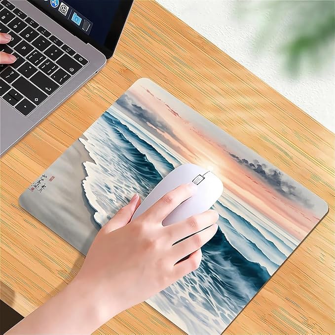 Beach Sunset Mouse Pad,Cute Mouse pad,Custom Small Mouse Pads with Designs,Portable Office Non-Slip Rubber Base Wireless Waves Mouse Pad for Laptop