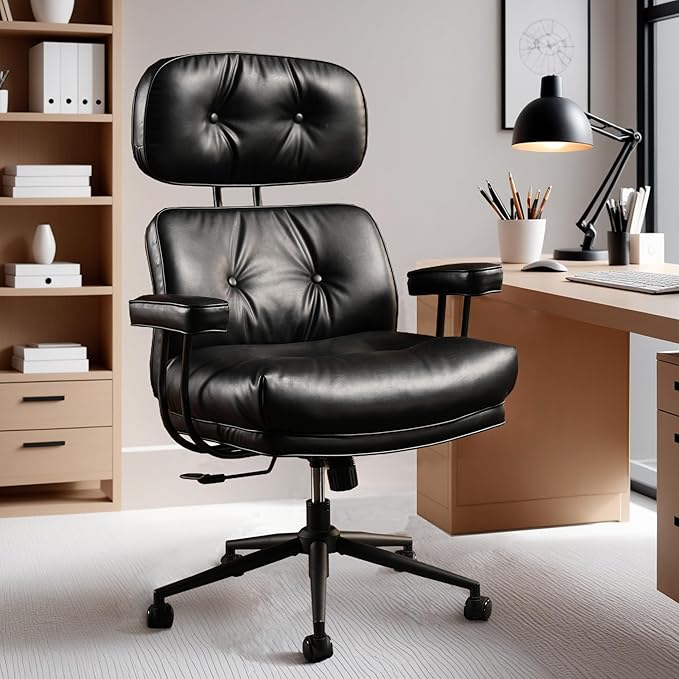 ovios Home Office Chair, Mid-Century Modern Faux PU Leather Chairs with Lumbar Support Comfy Thick Cushion, High Back Ergonomic Swivel Rolling Executive Armchair (Black, PU Leather)