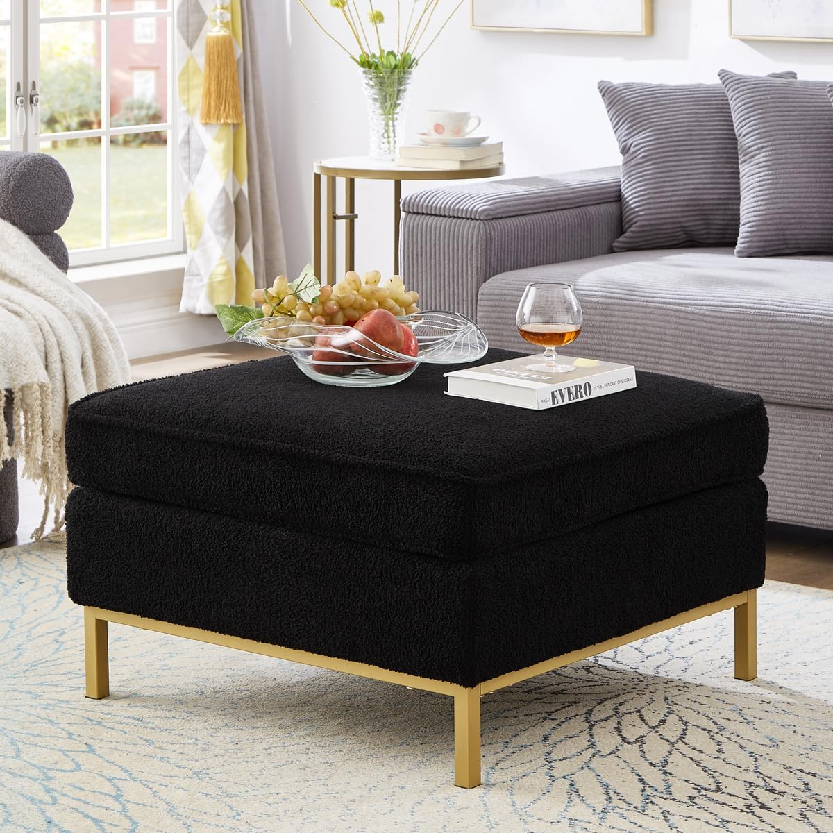 24KF Large Square Couch Ottoman for Living Room, Upholstered Teddy Fabric Padded Cushion Ottoman Table,Large Foot Rest,5088-Teddy Black