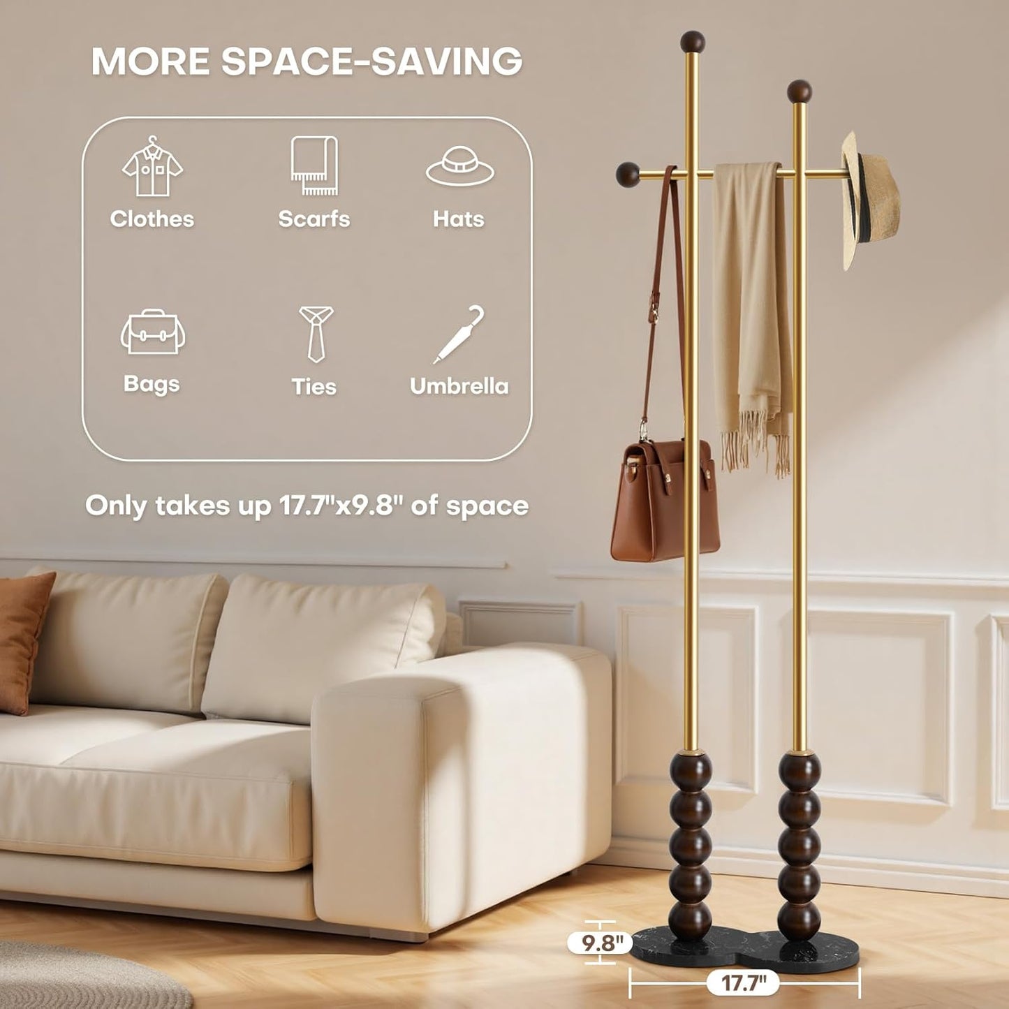 Metal Freestanding Coat Rack with Stainless Steel Double Rods & Marble Base, Hanging Clothes Rack for Entryway, Hallway, Bedroom, Living Room, Gold