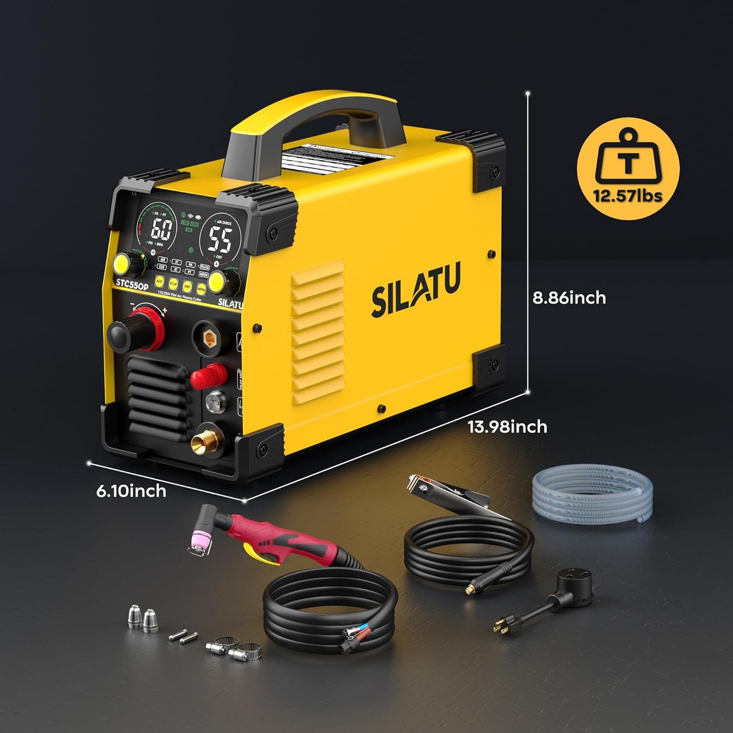 SILATU 55Amps Plasma Cutter, Large LED Display, Non-Touch Pilot Arc, Air Sensor Technology, 110/220V Dual Voltage IGBT Inverter Plasma Cutter Machine, 1/2'' Clean Cutting Thickness for Beginners DIY