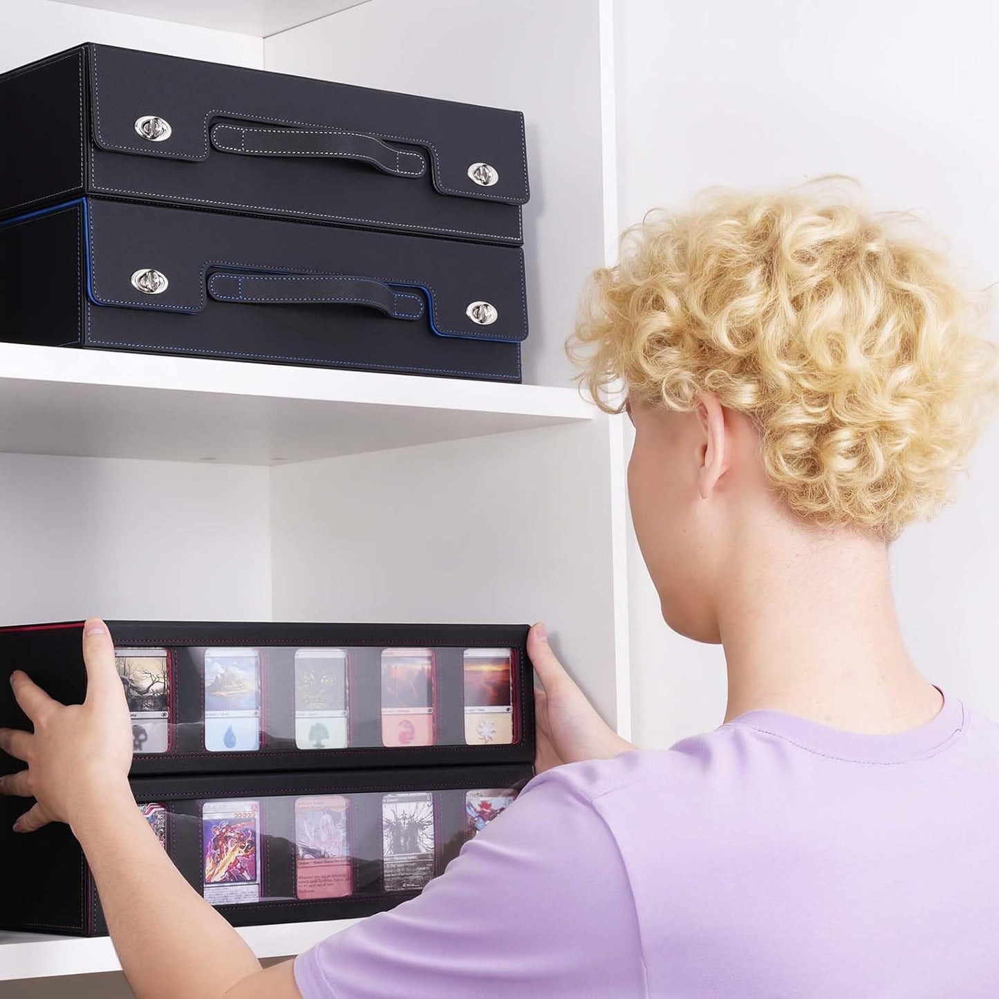 Trading Card Storage Box with Commander Display, 5 Row Magic Card Box with Handle & Aluminum Alloy Locking for 3900+ Unsleeved Cards Suits for MTG PTCG TCG Sports Cards (Black Blue)