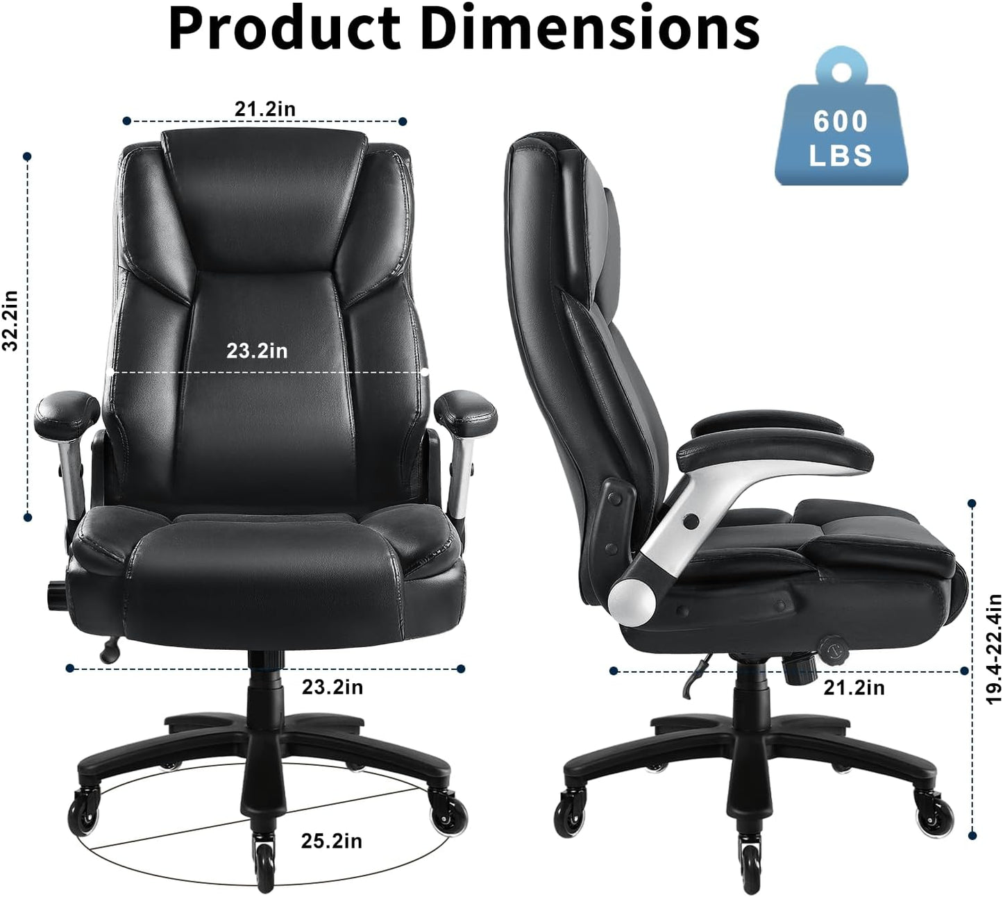 Big and Tall Office Chair 600LBS, Heavy Duty Office Chair for Heavy People, High Back Executive Office Leather Chair with Adjustable Armrests and Lumbar Support, Black Ergonomic Big Tall Chair