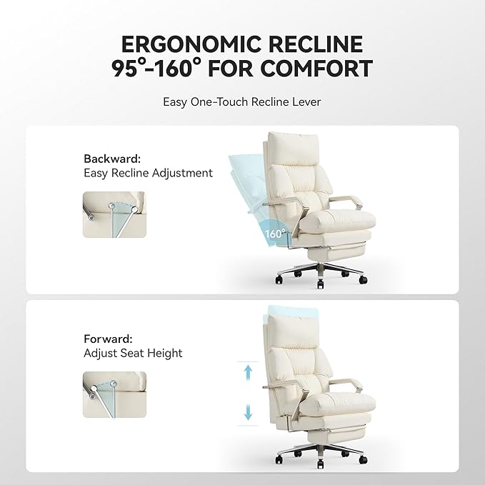 Reclining Office Chair with Footrest - 25.6" Wide Seat & Adjustable Seat Depth, Big and Tall High Back Leather Executive Home Office Desk Chair 400lbs, Cream