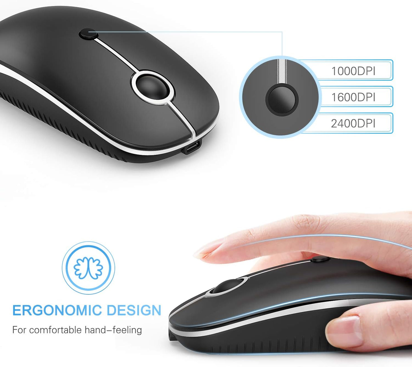 Type C Wireless Mouse,Vssoplor USB C MacBook Wireless Mouse Dual Mode 2.4G Cordless Mice with Nano USB and Type C Receiver Compatible with PC, Laptop, MacBook and All Type C Devices-Black and Silver