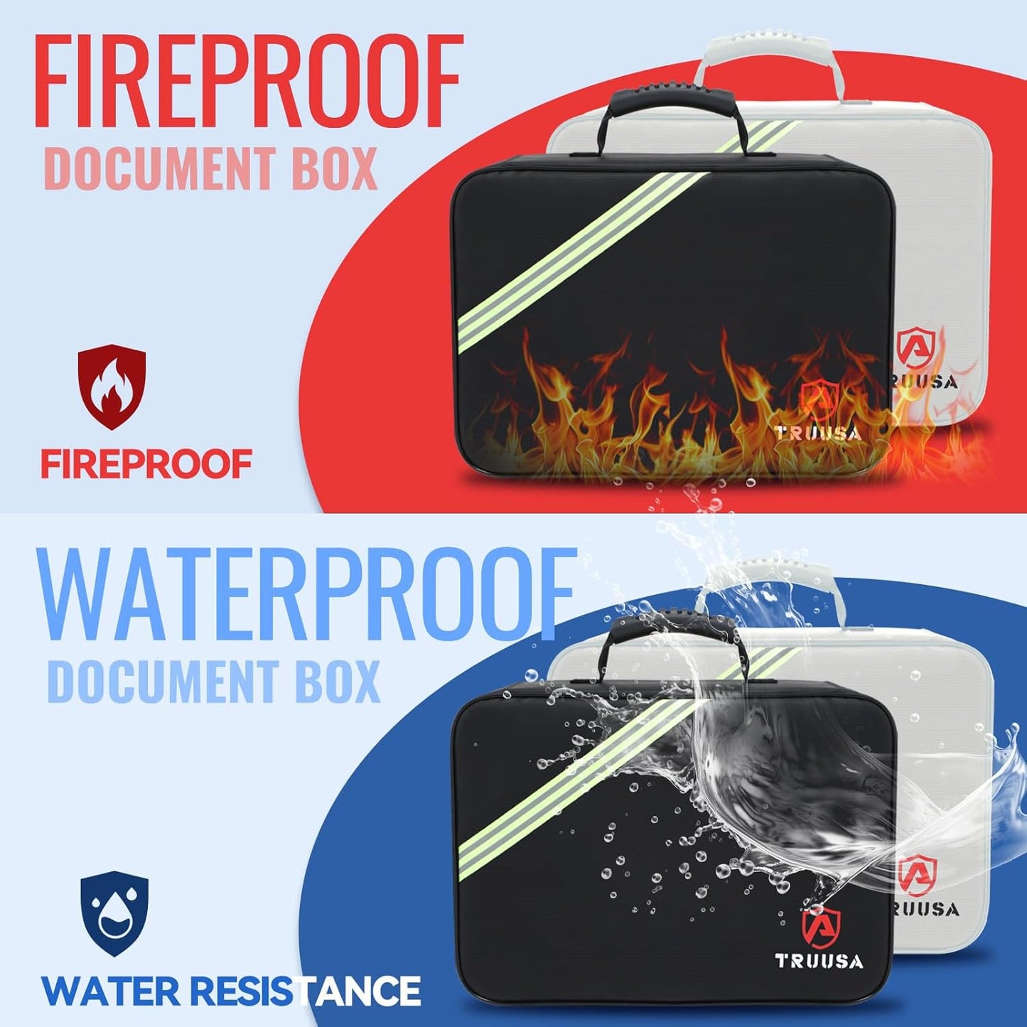 Fireproof Document Box w/Lock & Reflective Strip, Fireproof Waterproof Document Organizer, Safe Bag for Important File Storage, Portable for Travel, for Tax Files, Paper, Certificates(Silver)