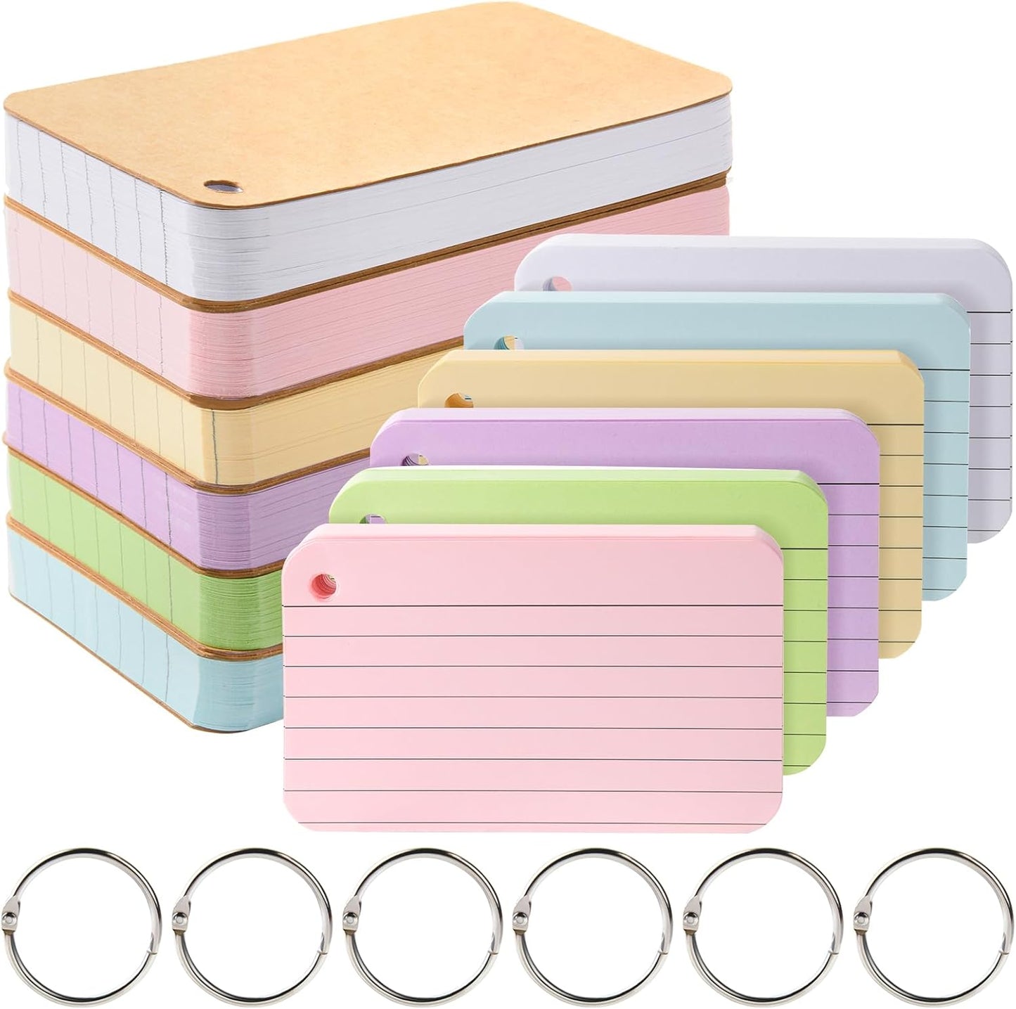 6 Pack Lined Index Cards 3 x 5 Inches, 600 Pcs Colored Ruled Index Flashcards Lined Flash Cards with Rings for Study, Office and Home