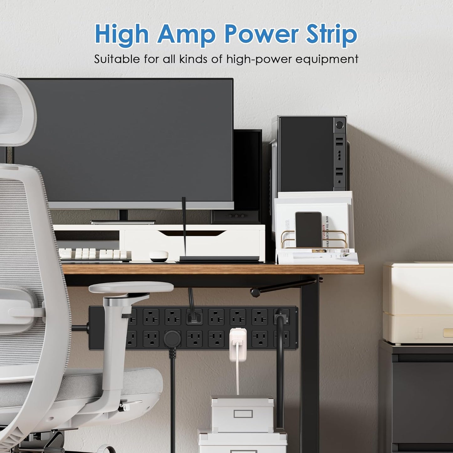 JUNNUJ Heavy Duty 20 Amp Power Strip, Garage 16 Outlets Metal 12 Gauge Surge Protector 3000J, High Amp 5-15P Adapter Shop 6-20R T-Slot Industrial Outlets (16AC, 4FT)