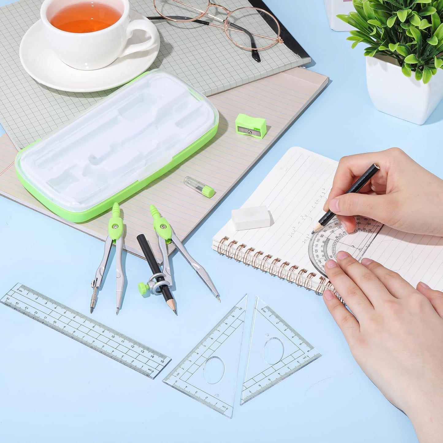 Zonon Math Geometry Set 10 Pcs Student Supplies with Shatterproof Storage Box, Includes Rulers Protractor Compass Pencil Sharpener Lead Refills Eraser Pencil for Drafting and Drawings(Green)