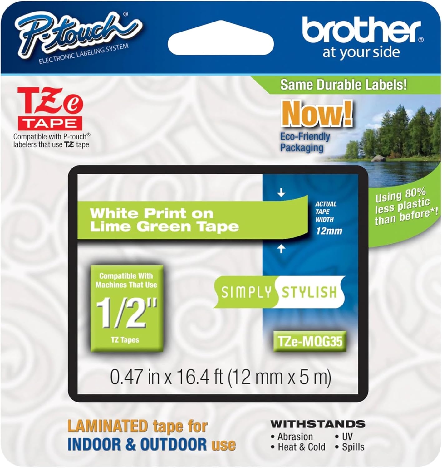 Brother Genuine P-Touch TZE-MQG35 Tape, 1/2" (0.47") Laminated White on Lime Green Water-Resistant 0.47" x 16.4 ft (24mm x 8mm), Single-Pack