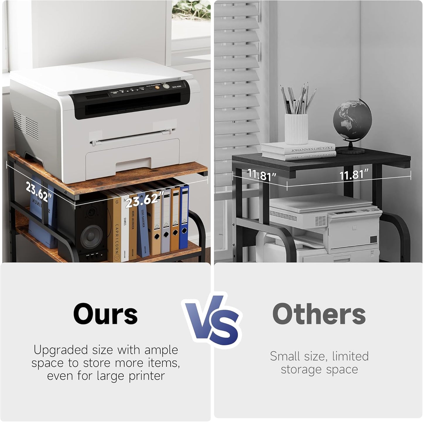 Warmiehomy 24x24 inches Printer Stand with Adjustable Storage Shelf - Large Printer Table with Wheels - 3 Tier Rolling Cart - Use for 3D Laser Printer Mini Fridge Home Office (Brown)