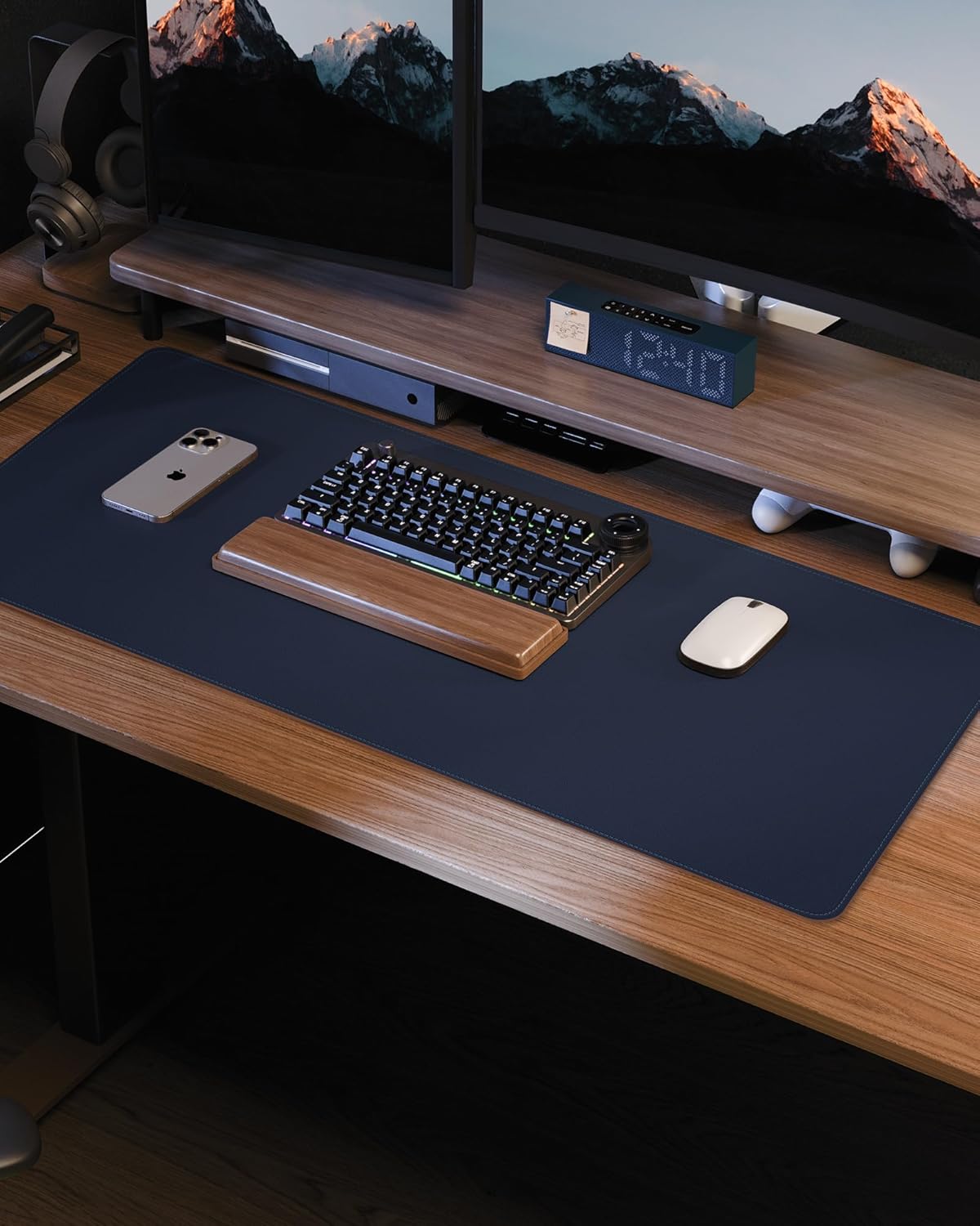 Large Desk Pad Mat - Waterproof Mouse Pad & Desk Protector, Non-Slip XL PU Leather Gaming Mat for Keyboard/Mouse, Stitched Edge with Ergonomic Support, 47"x17" (Blue)