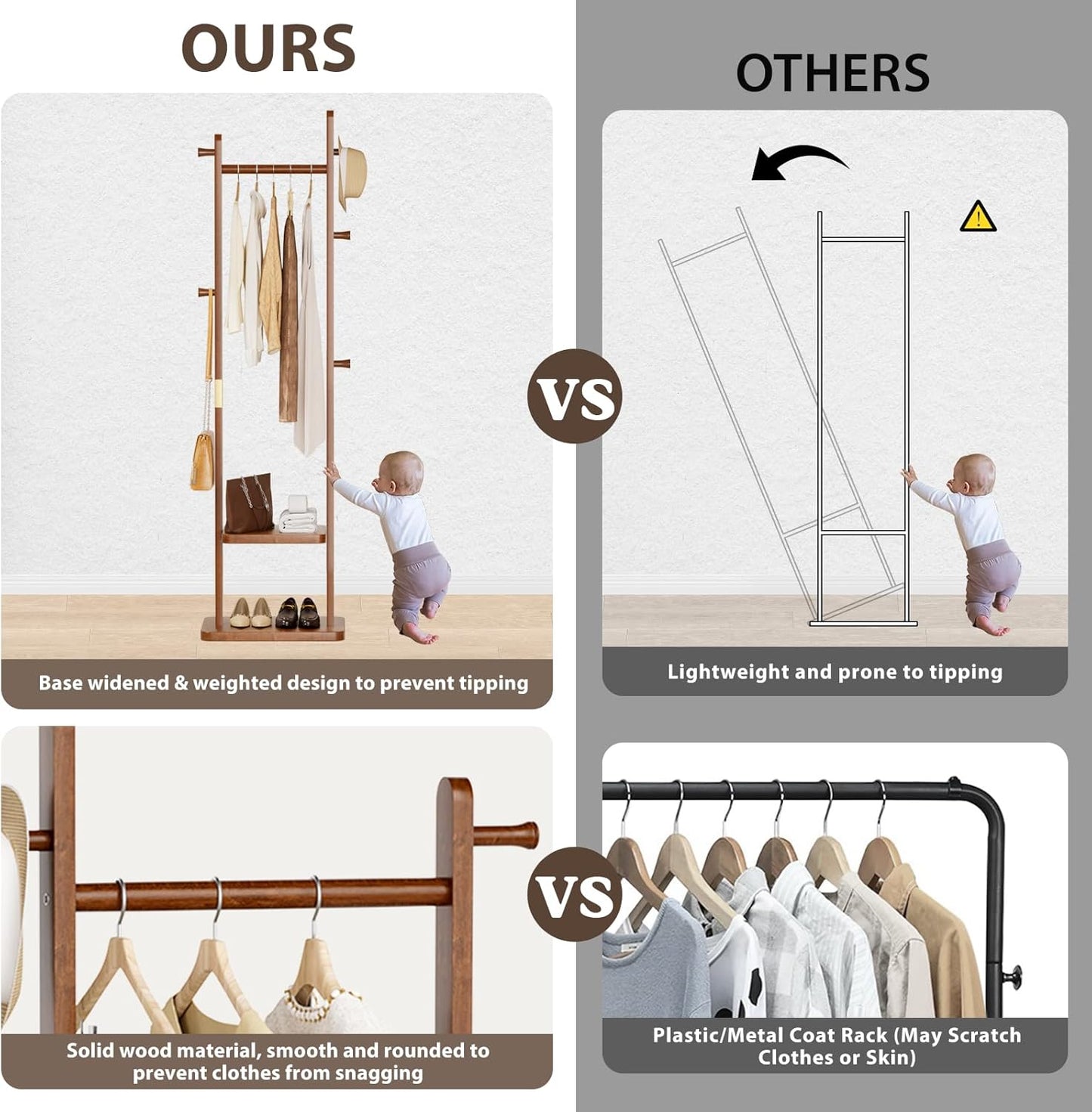 Solid Wood Coat Rack, Coat Rack Freestanding with 2 Shelves and 5 Hooks, Heavy Duty Coat Tree for Entryway,Living room,Coat Hanger Stand for Hats, Bags (Walnut Brown)