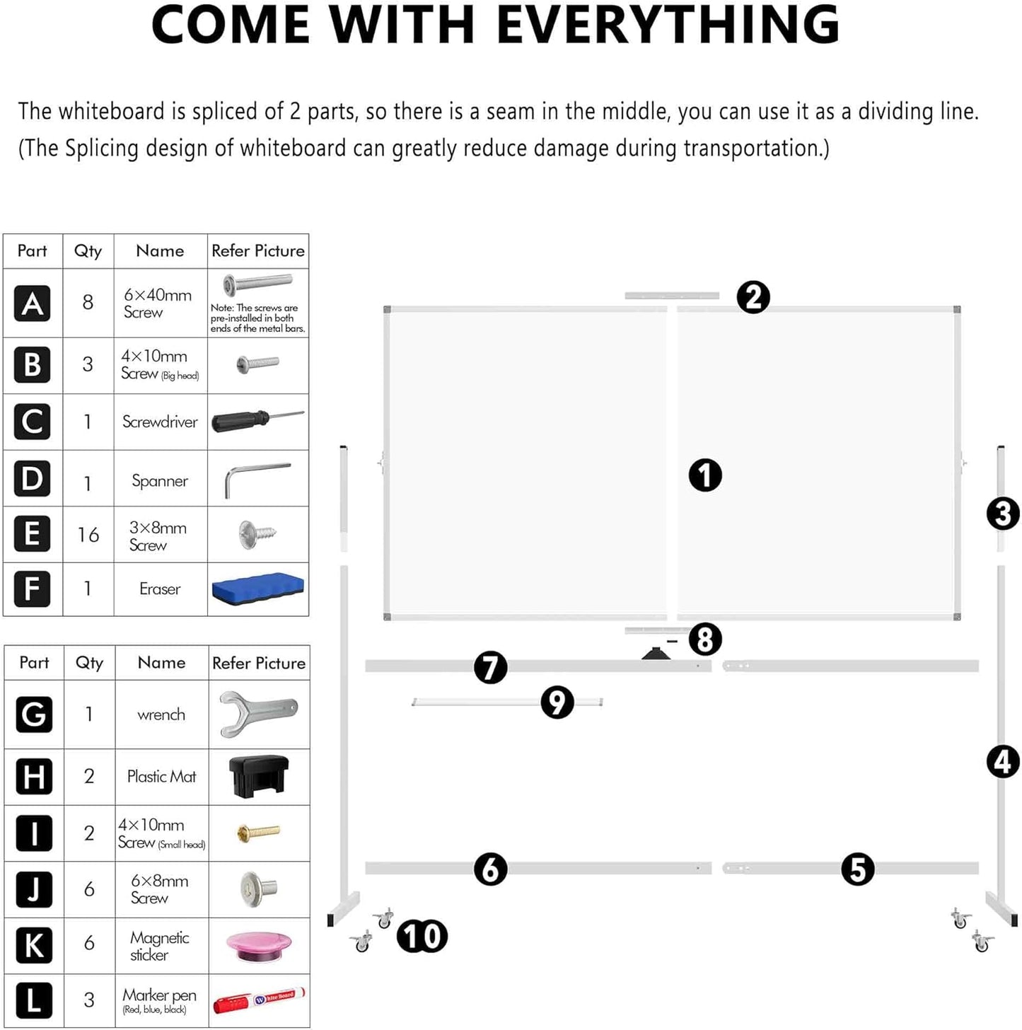 Large Rolling Whiteboard on Wheels, 72" x 40" Double-Sided Mobile White Board with Stand, Portable Standing Magnetic Dry Erase Board Easel for Home Office Classroom School, Silver