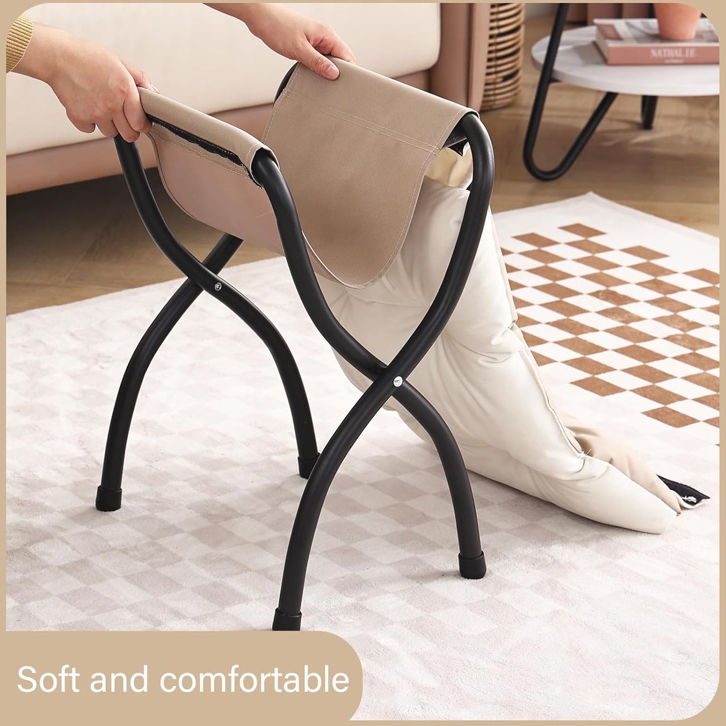 LITA 2 Pcs Folding Upholstered Footrest Stool, Modern Small Portable Accent Ottoman with Detachable Thick Cotton Cushion, Padded Sofa Stool with Metal Frame, Living Room & Bedroom,Velvet Beige