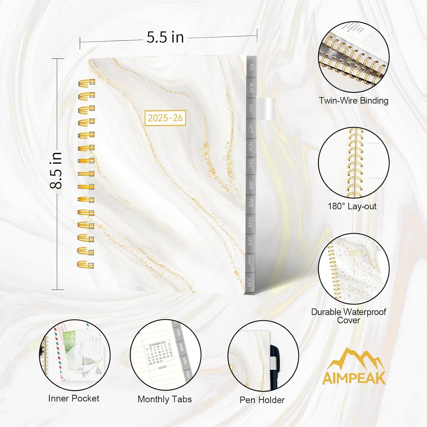 Planner 2025-2026, Weekly and Monthly Planners run from Jul.2025 - Jun.2026, AIMPEAK Calendar Planner with Monthly Tabs, White Marble, 5.5"x8.5"