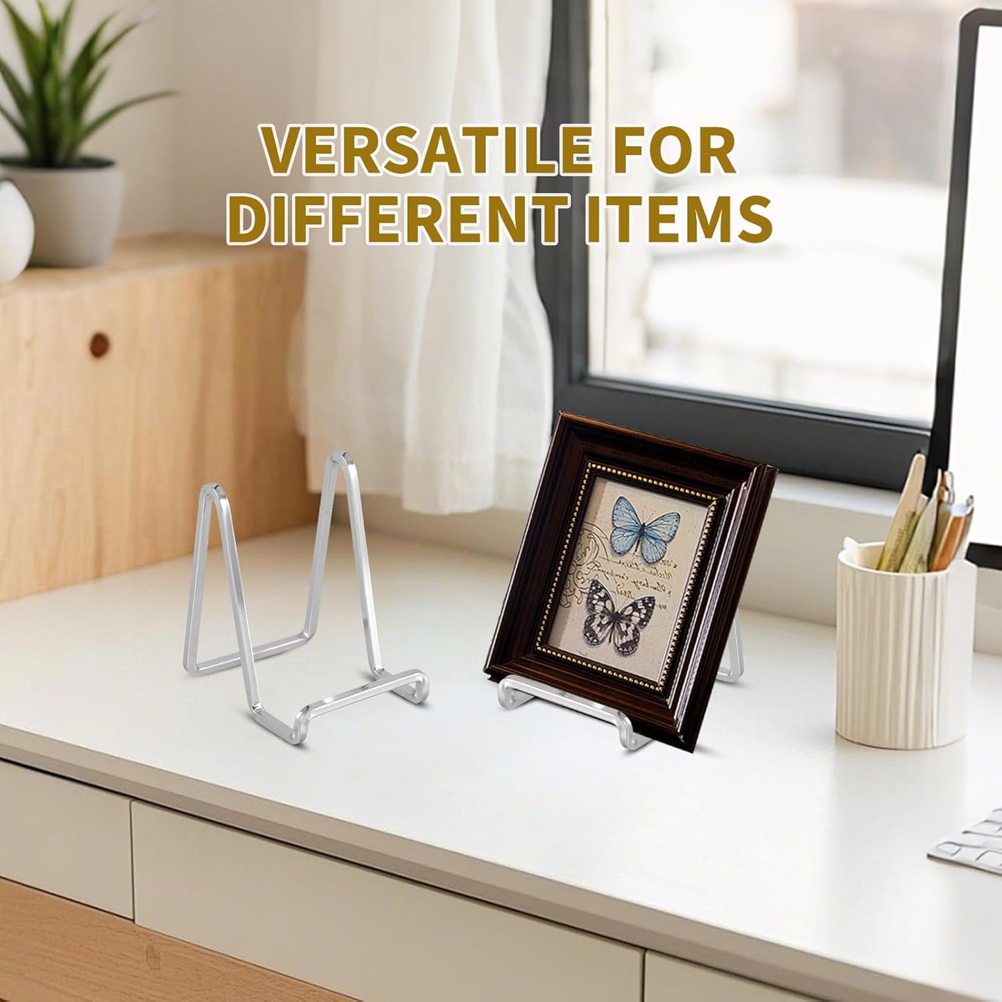 DIDUDIDU Plate Stands for Display - 4.5 Inch Small Iron Easel Holders for Decorative Plates, Picture Frames, Photos, Plaques (Silver, 3 Pack)