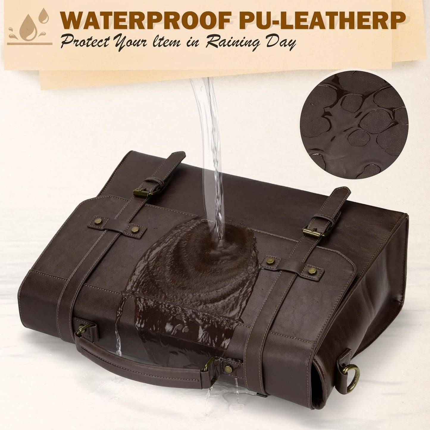 RAINSMORE Mens Messenger Bag 18 Inch Waterproof Vintage Leather Laptop Briefcase Large Laptop Bag Satchel Bag Computer Shoulder Bag for Office Business Travel College,Coffee