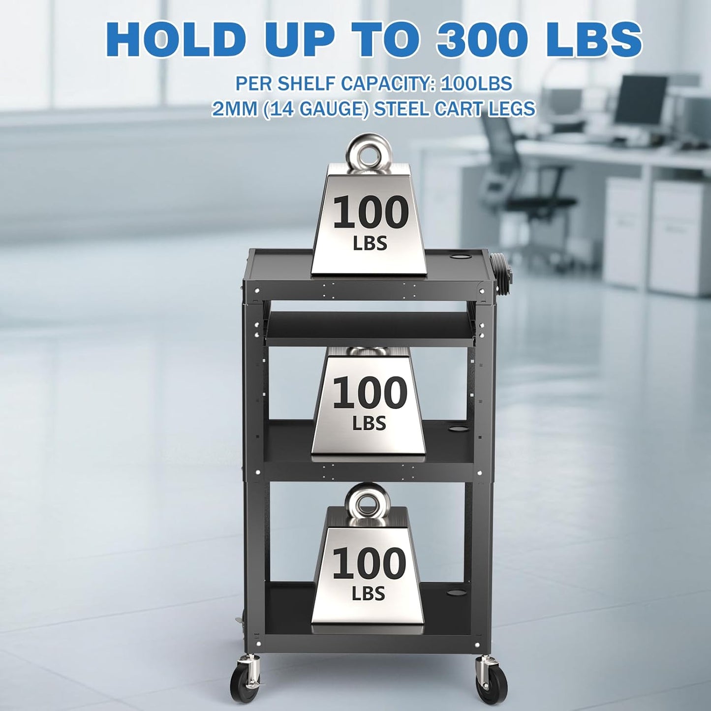 Steel AV Cart on Wheels - Rolling Projector Cart with Height Adjustable Shelf, Pullout Keyboard Tray, Power Strip, Cord Management - Mobile Media Carts Computer Workstation for Office Classroom