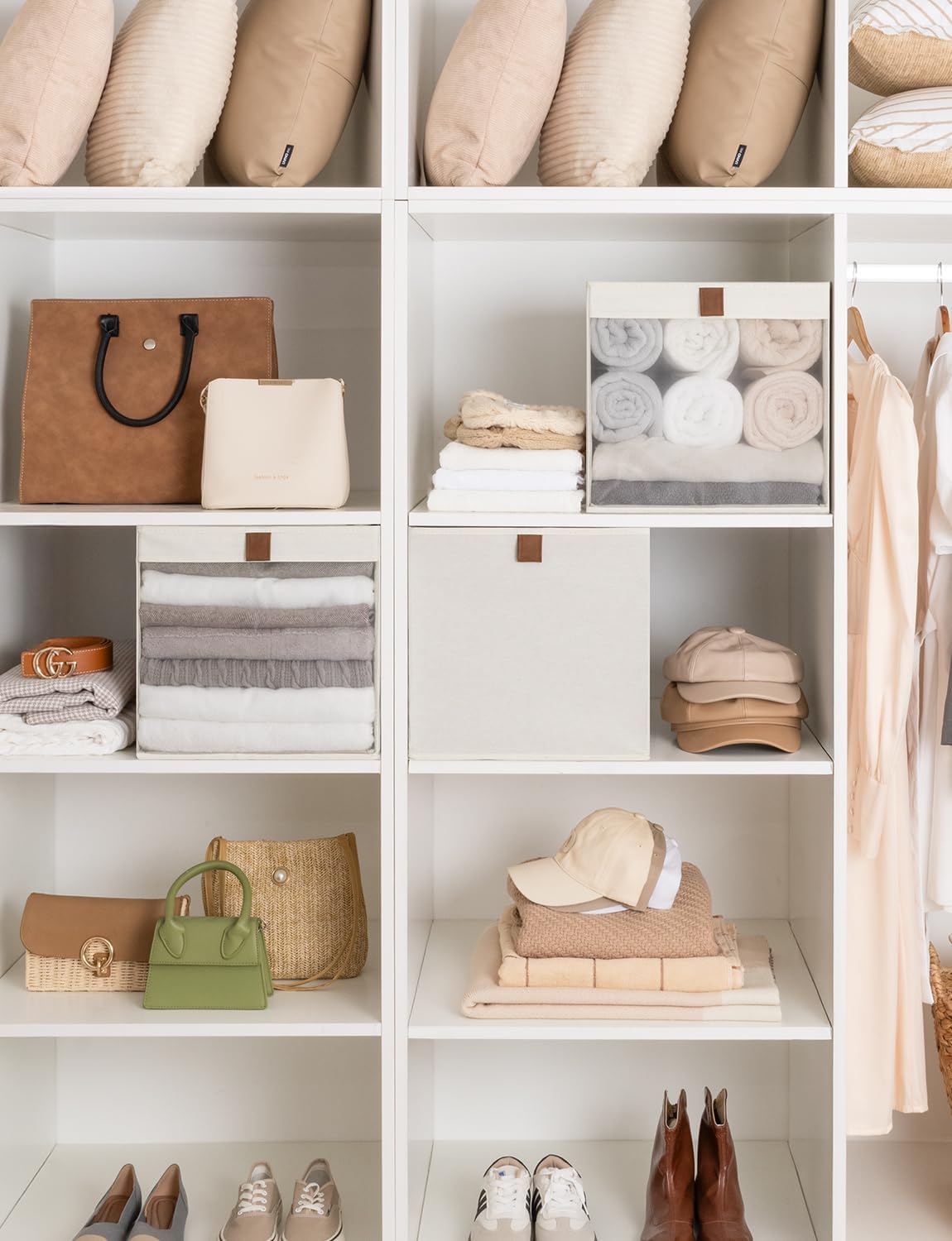 StorageWorks 13x13 Storage Cubes, Closet Storage Bins with Clear Window, Large Fabric Organizer for Clothes, Collapsible Storage Baskets with PU Handles, Beige, 3-Pack