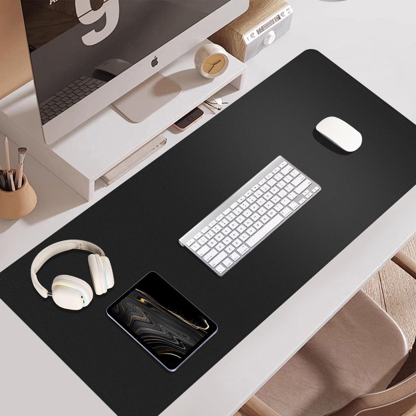 Large Desk Pad 35.4" x 17", Non-Slip Desk Mat with PU Leather & Natural Cork, Waterproof Writing Desk Natural Cork, Computer Mat Desk Protector for Office Home, Black