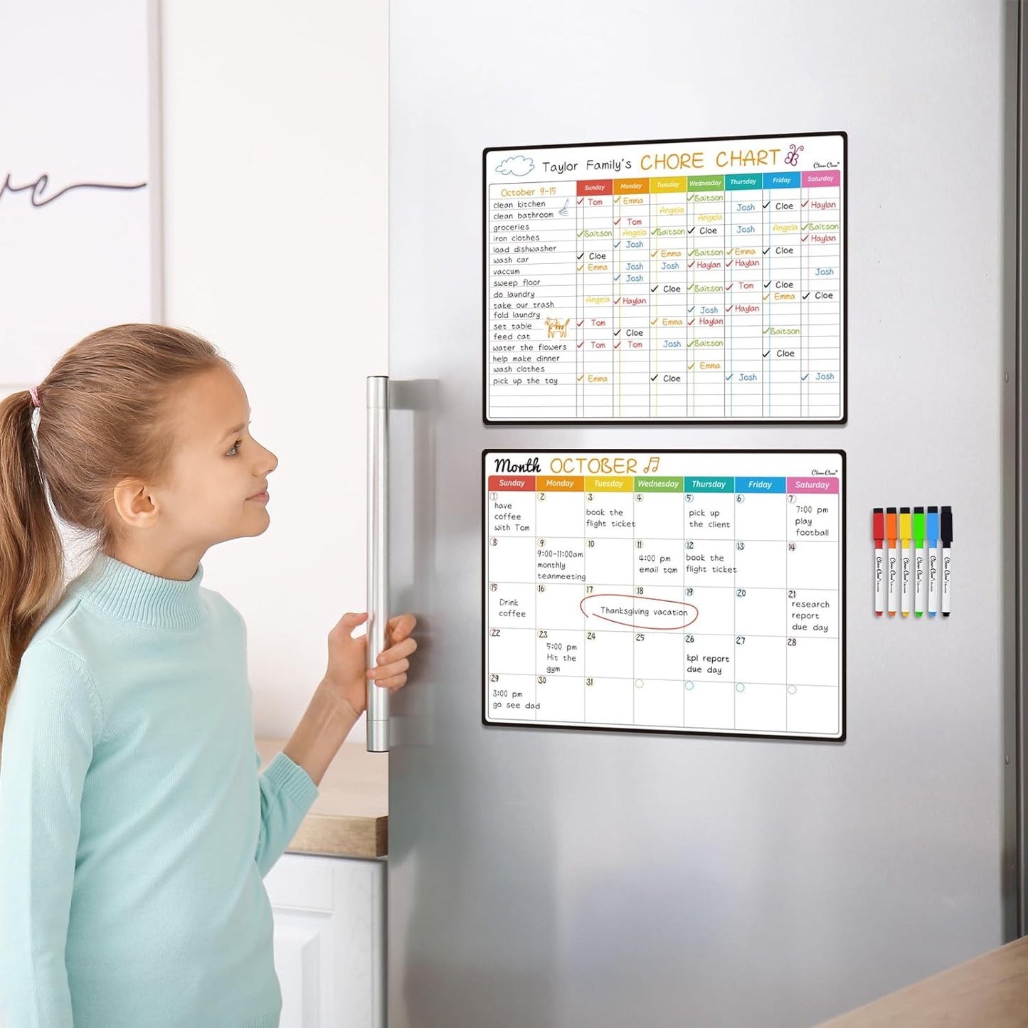 Magnetic Dry Erase Chore Chart, Monthly Calendar Set - 14.5"x11" Monthly Calendar, Chore Board for Fridge - 6 Extra Fine Point Markers Included - Shipped Flat