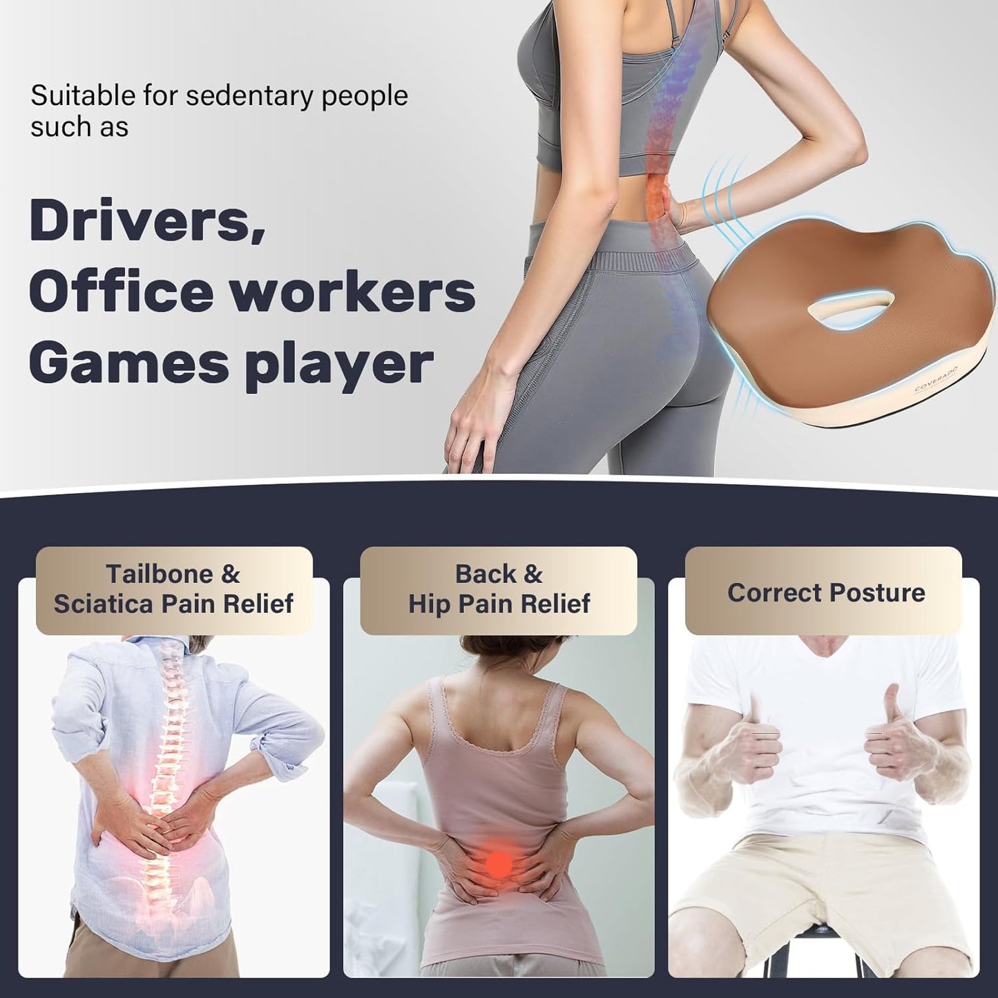 Coverado Car Seat Cushion, Memory Foam Office Chair Cushion for Car, Everlasting Comfort Sciatica & Hip & Tailbone Pain Relief Cushion for Long Sitting Driver Office Worker-Beige