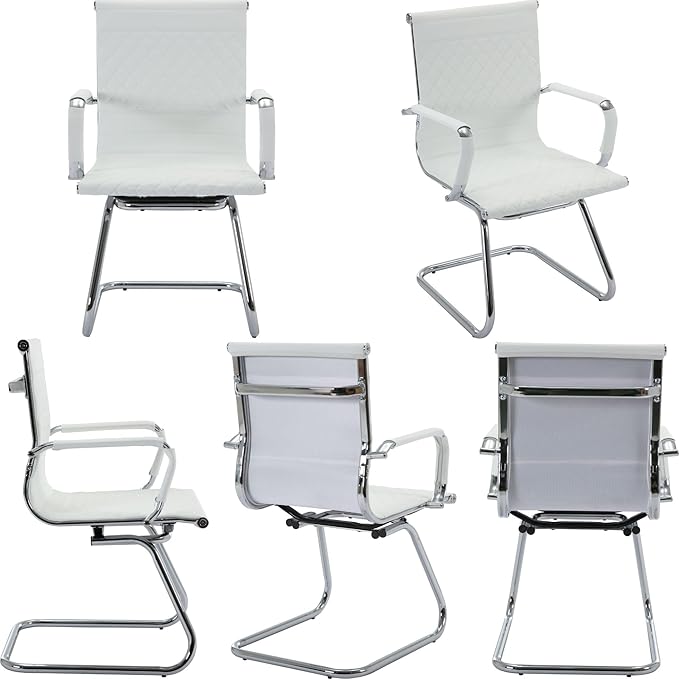 Office Guest Chairs Reception Chairs Waiting Room Chairs Set of 2 Conference Room Chair with Mid Back, Modern PU Leather Desk Chair, White