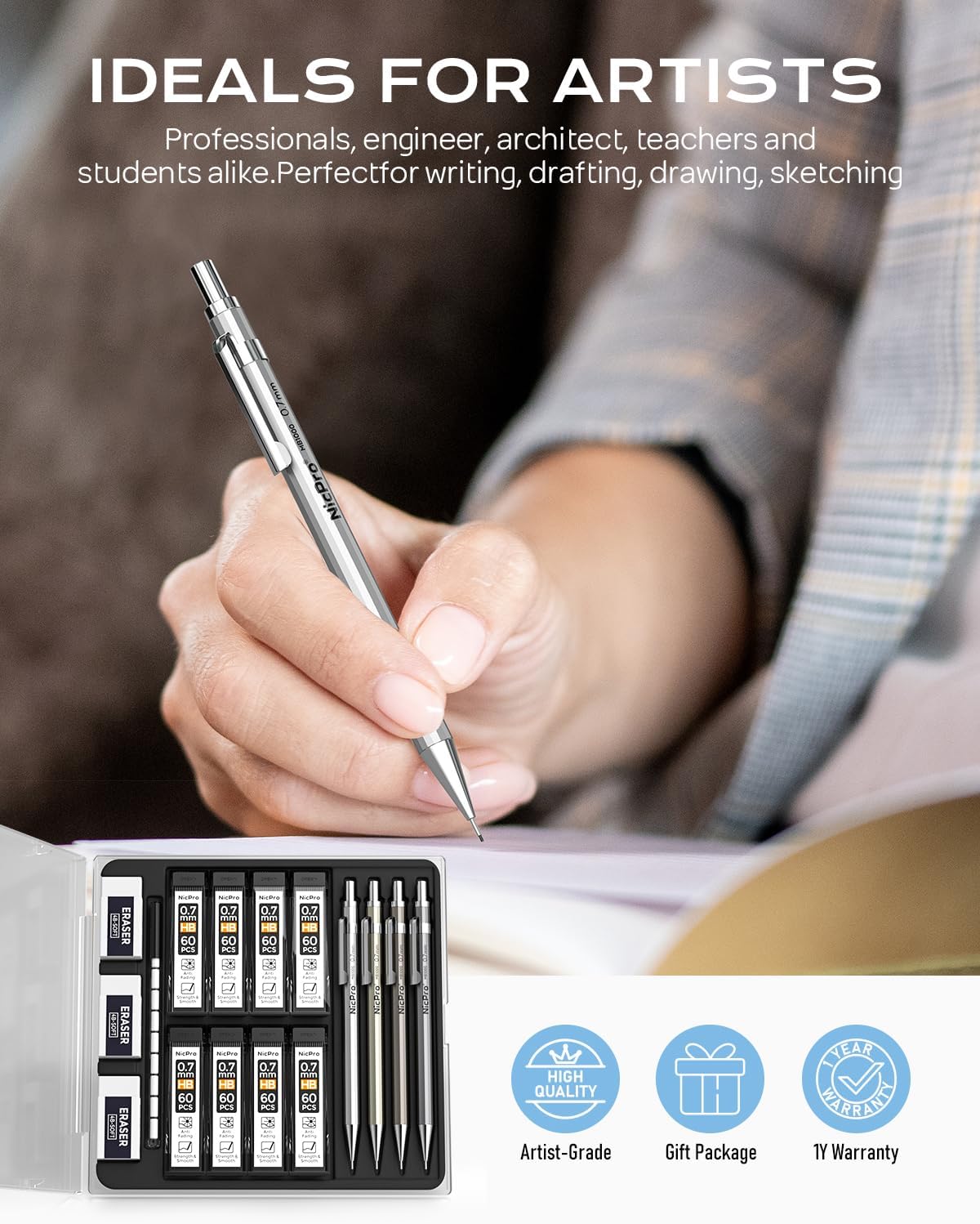 Nicpro 4 Pack Mechanical Pencil 0.7mm with Case, MB1000 Metal Mechanical Pencil Set with 8 Tube HB #2 Lead Refill 0.7 mm, 3PCS 4B Eraser, 9 Cap Eraser for Artist Drafting Writing, Sketching, Drawing