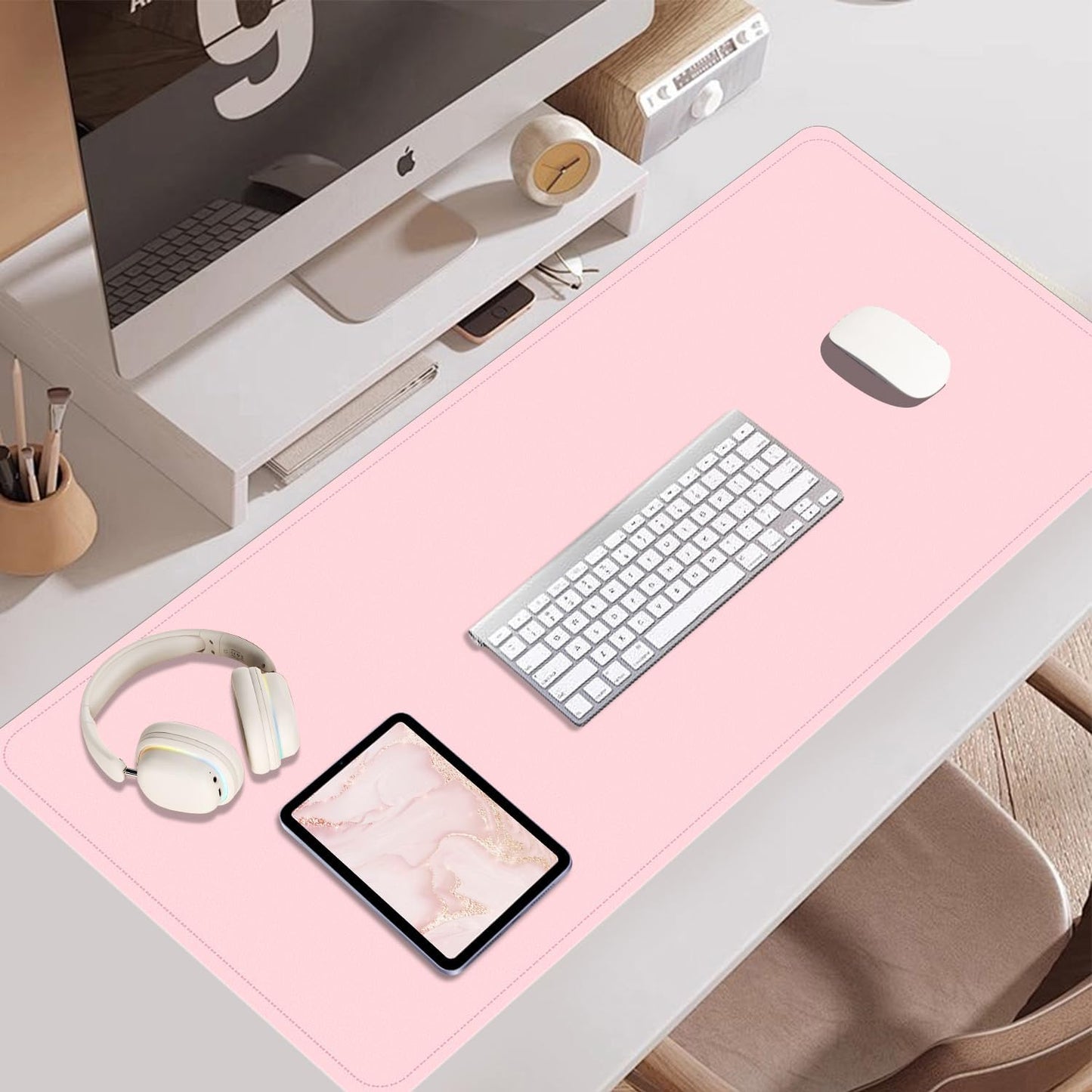 Non Slip Desk Mat, 31.5" x 15.7" PU Leather Desk Pad, Cork Desk Mat for Desktop, Desk Pad for Keyboard and Mouse, Ideal for Office and Home, Pink