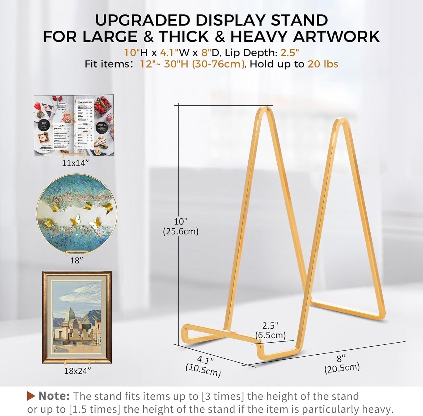 Large Plate Holder Display Stand - 10 inch Tall Plate Stands for Display - Metal Picture Frame Stand - Big Tabletop Easel Stand for Decorative Plates | Platter | Book | Plaque | Tile - 3 Pack - Gold