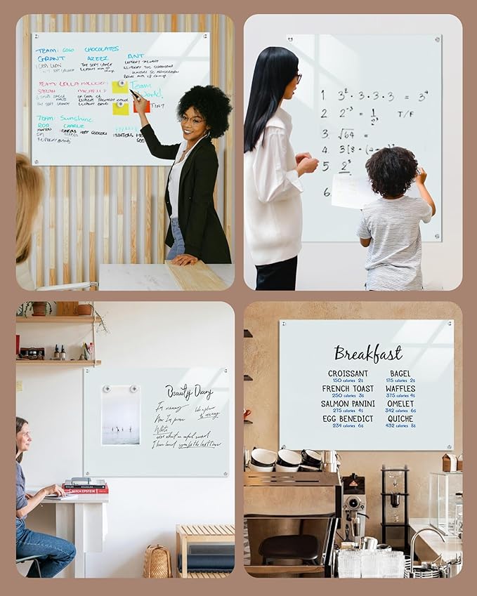 Magnetic Glass Whiteboard,48"x36" Wall Mounted Frameless Dry Erase Board for Office, Home & School White
