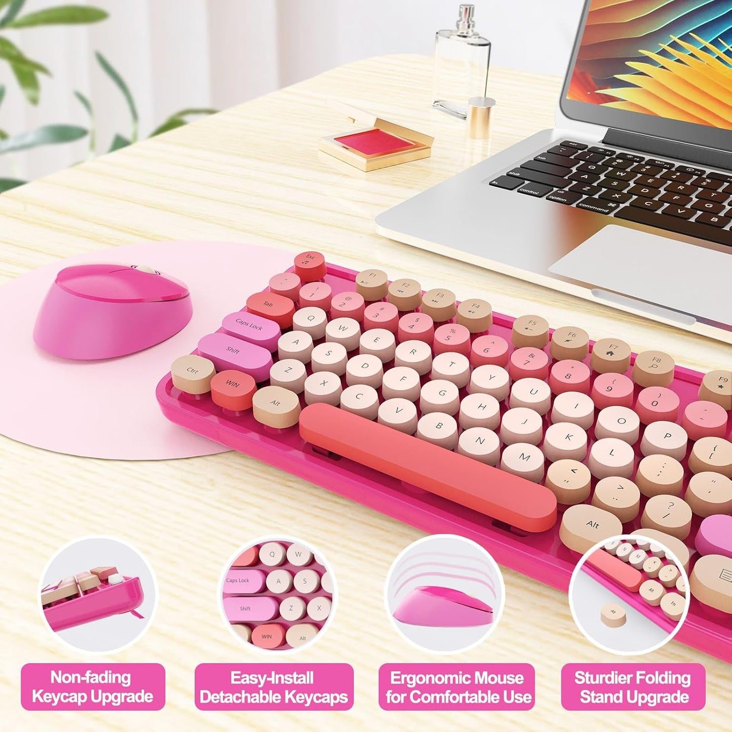 Wireless Keyboard and Mouse Combo, Ergonomic Full Size Typewriter Retro Round Keycaps Keyboard, Compatible with Windows, PC, Perfer for Home and Office Keyboards (Red)