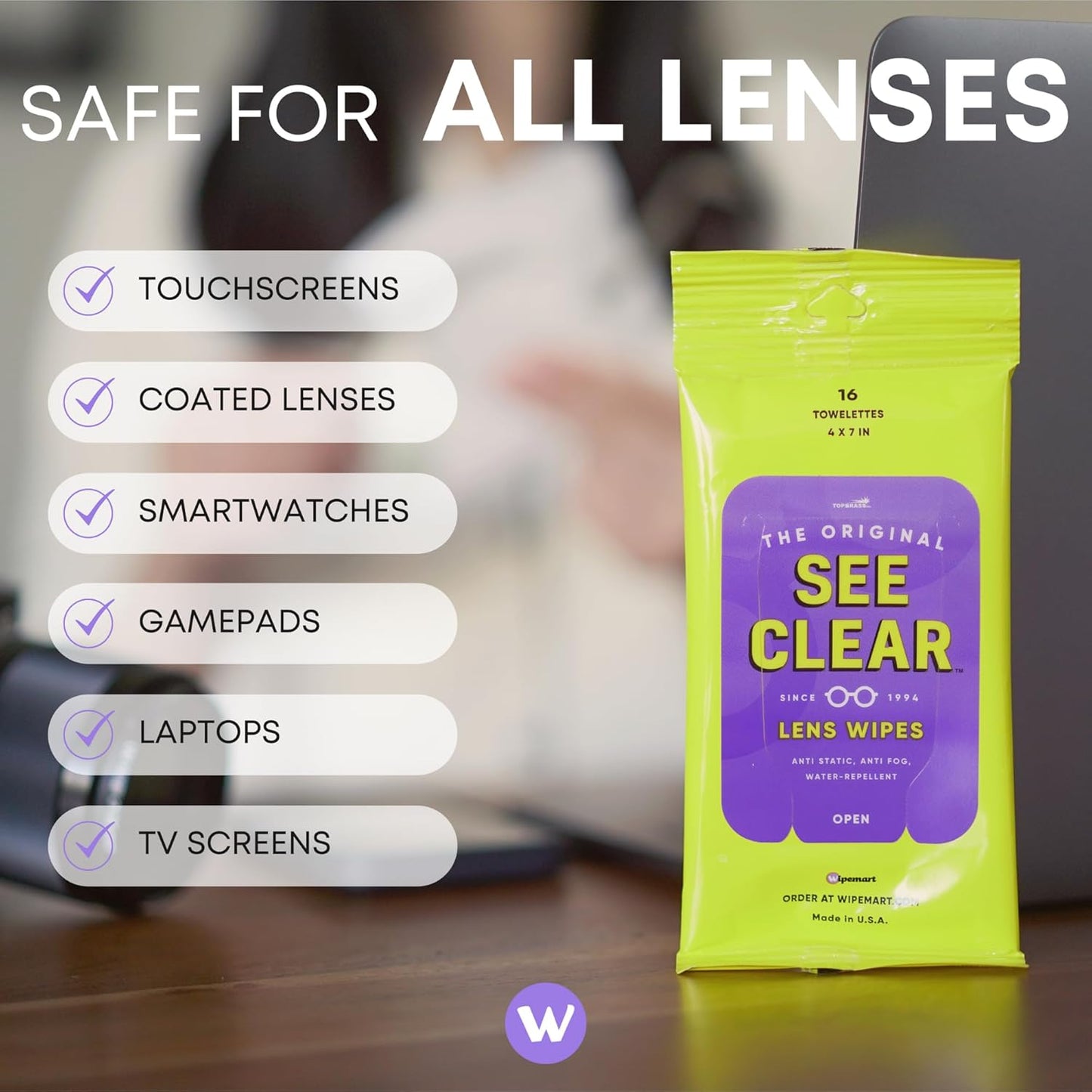 See Clear Original Lens Cleaning Wipes - Pre-Moistened Eyeglass & Screen Cleaning Cloth Towelettes - Streak Free, Scratch Free Lens & Electronic Screen Cleaner - 24 Resealable Packs of 16