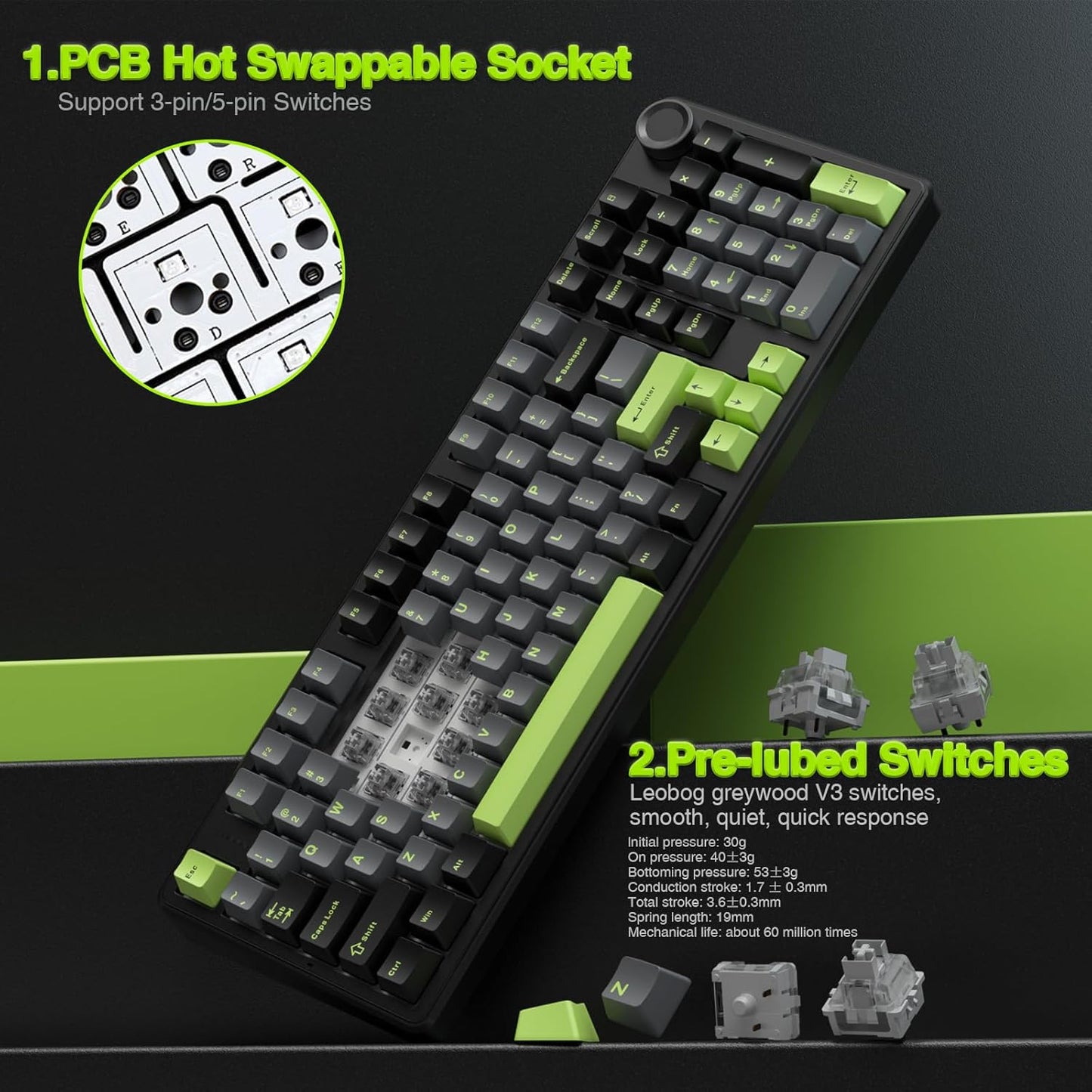 AULA F99 Pro Wireless Mechanical Keyboard with Knob,Tri-Mode BT5.0/USB-C/2.4GHz Hot Swappable Custom Keyboard,Pre-lubed Linear Switches,RGB Backlit Computer Gaming Keyboards