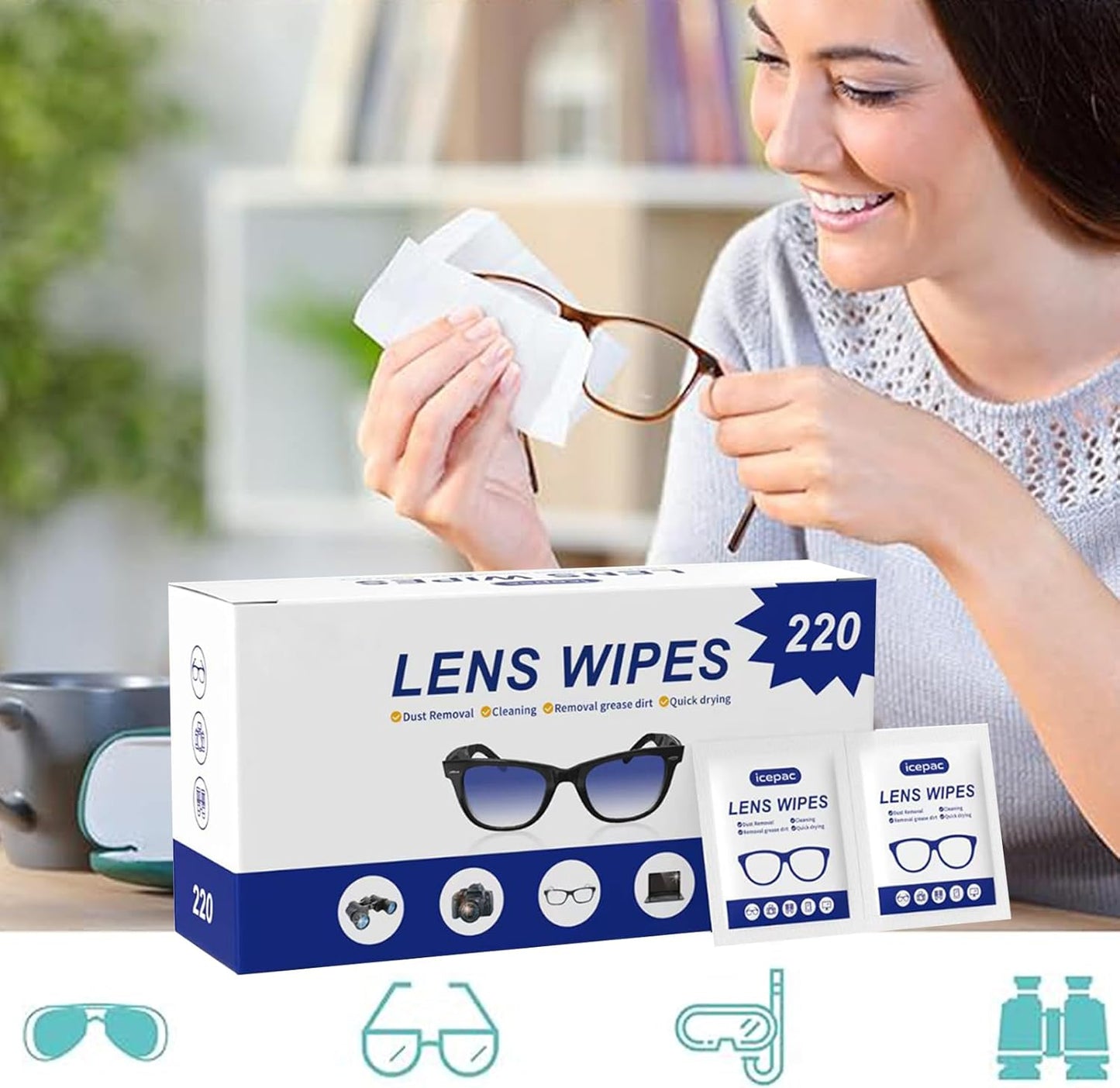 Eyeglass Cleaner Wipes, Sunglasses, Screens - Gentle and Portable for On-the-Go Cleaning of Devices, Lens Wipes for Eyeglasses, Wet Lens, Camera Lenses, Laptops, Etc. Individually Packaged(220 PCS)
