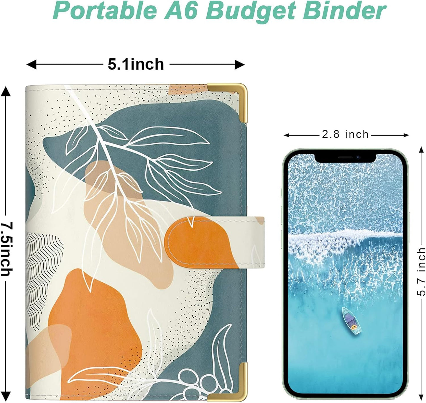 Rnivvi Budget Binder with Zipper Envelopes, A6 Money Saving Binder Cash Envelopes for Budgeting, PU Leather Planner Money Organizer for Cash Bills, Cute Boho System Wallet for Women, Abstract Leaves