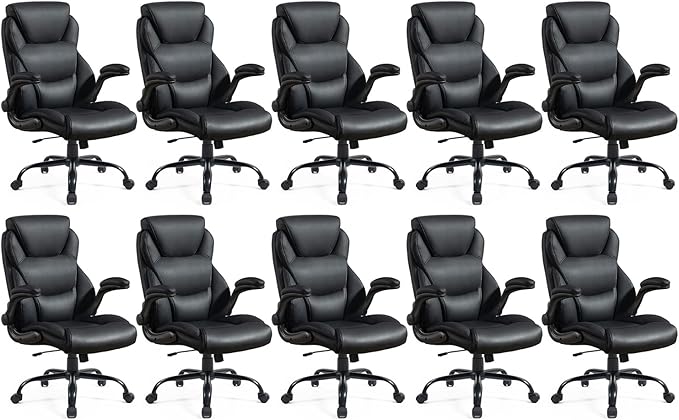 Brage Living 400LBS Big and Tall Office Chair, Leather Executive Desk Chair with Padded Flip-up Arms, Heavy Duty Swivel Rolling Computer Chair for Home Office, Black, Set of 10
