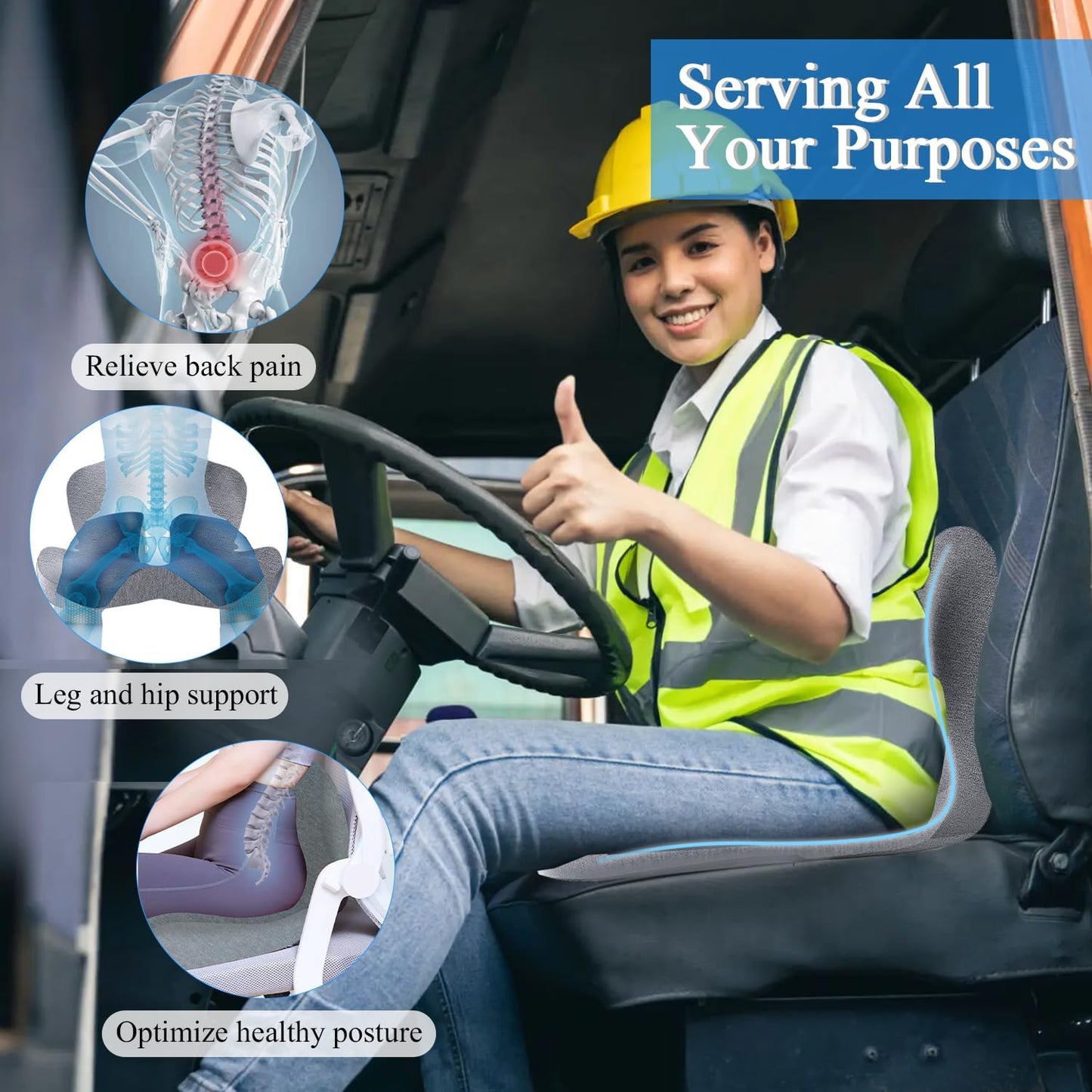 Seat Cushion for Truck Driver, Memory Foam Truck Seat Cushion with Adjustable Strap – Ergonomic Back Support & Sciatica Relief for Long Drives, Semi Truck Accessories, Light Gray