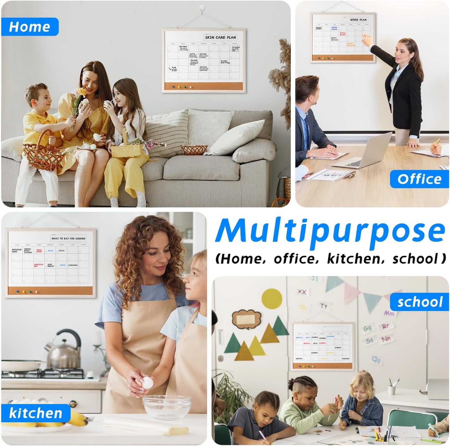 Dry Erase Calendar Whiteboard, 17" x 13" Magnetic Whiteboard Cork Board Combo, Reusable Monthly Planner with 8 Markers, Eraser, Magnets and Pushpins, Hanging Dry Erase Board for Home, School - White