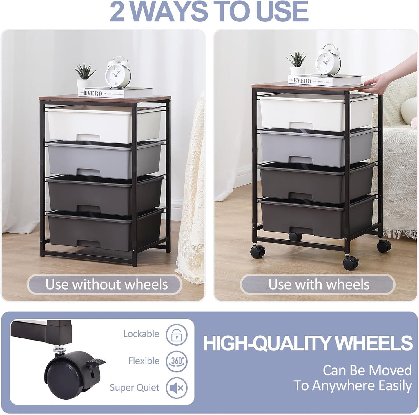 Utility Cart with 4 Drawers,Rolling Storage Cart with Drawers,Light Grey