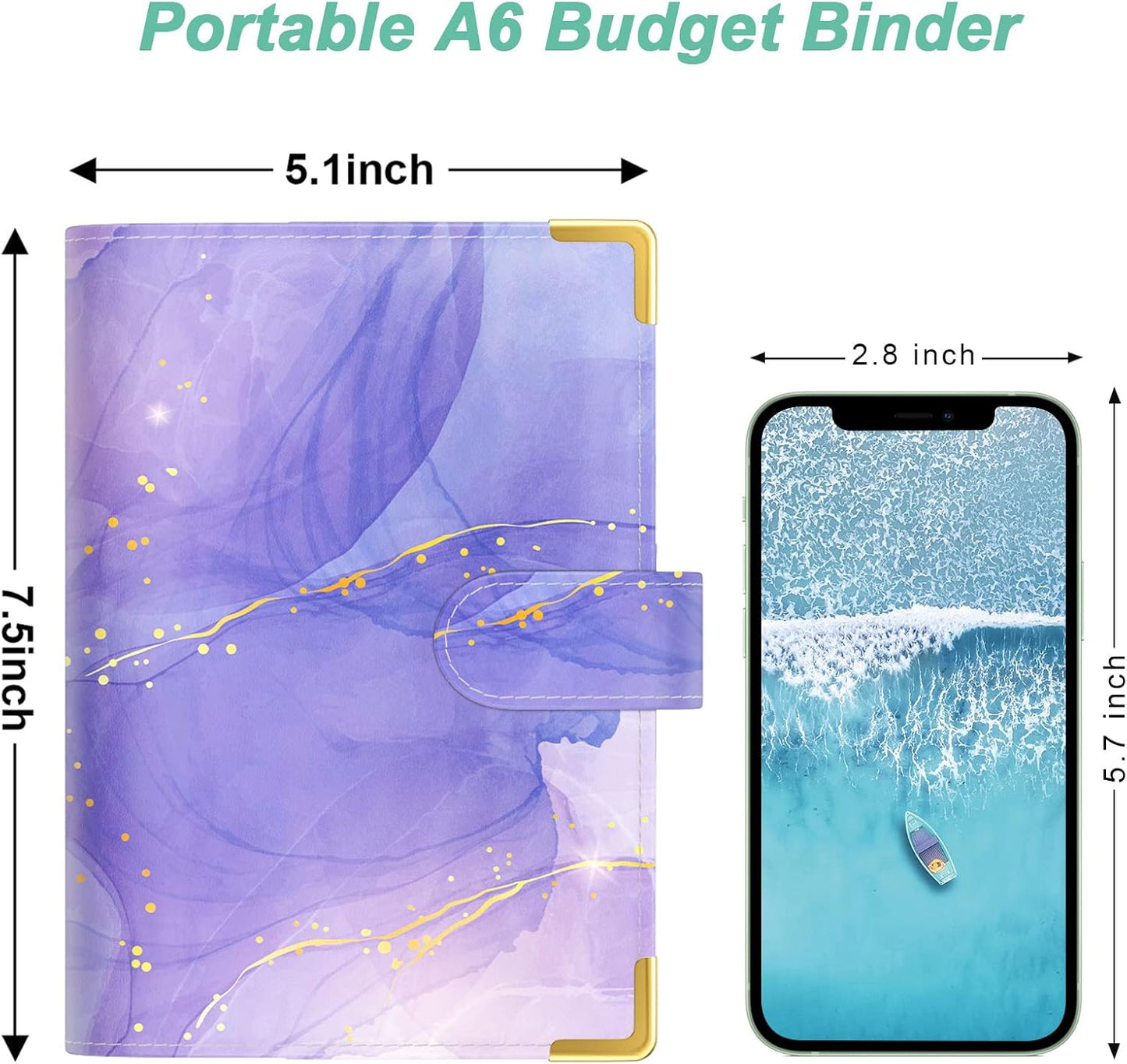 Rnivvi Budget Binder with Zipper Envelopes, A6 Money Saving Binder Cash Envelopes for Budgeting, PU Leather Planner Money Organizer for Cash Bills, Cute Marble System Wallet for Women Men, Purple