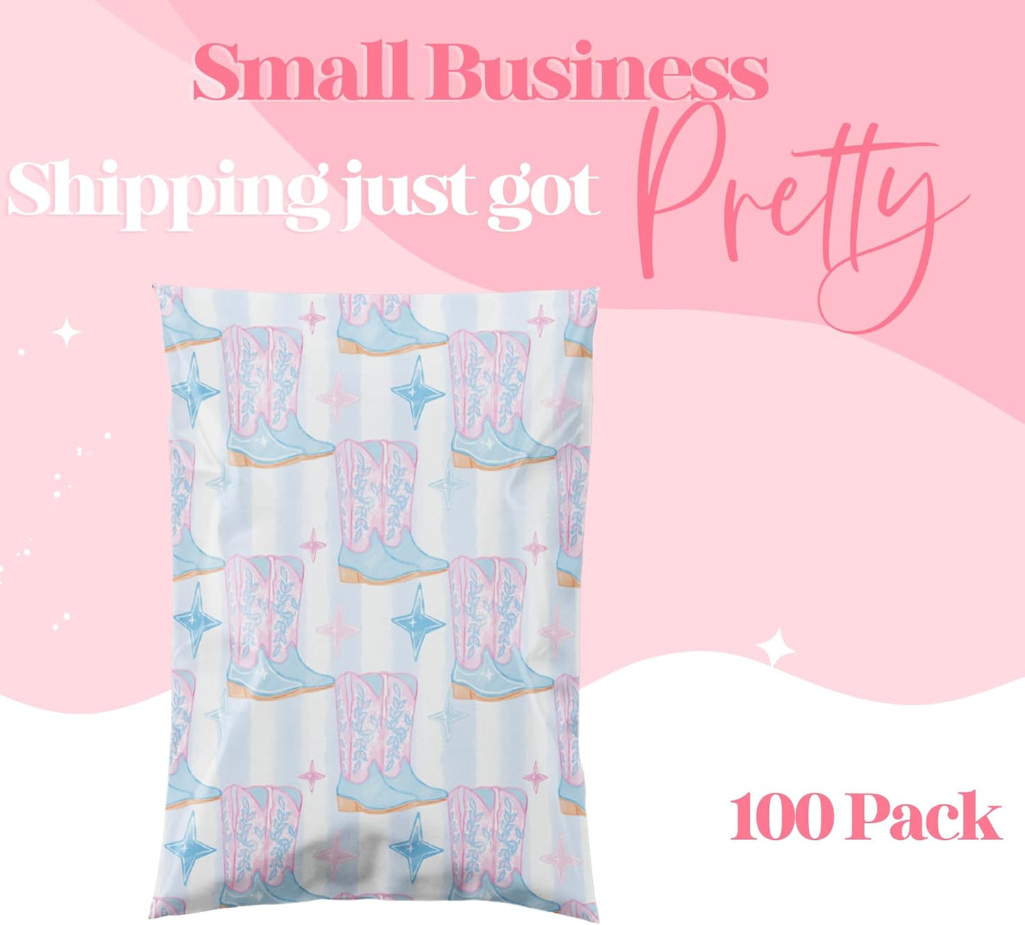 6x9 Designer Poly Mailer 100 Pack Heavy Duty Waterproof Self Seal Shipping Bags for Small Business Large Mailing Envelopes Bulk Tear Resistant Packaging Cowgirl Boots Western