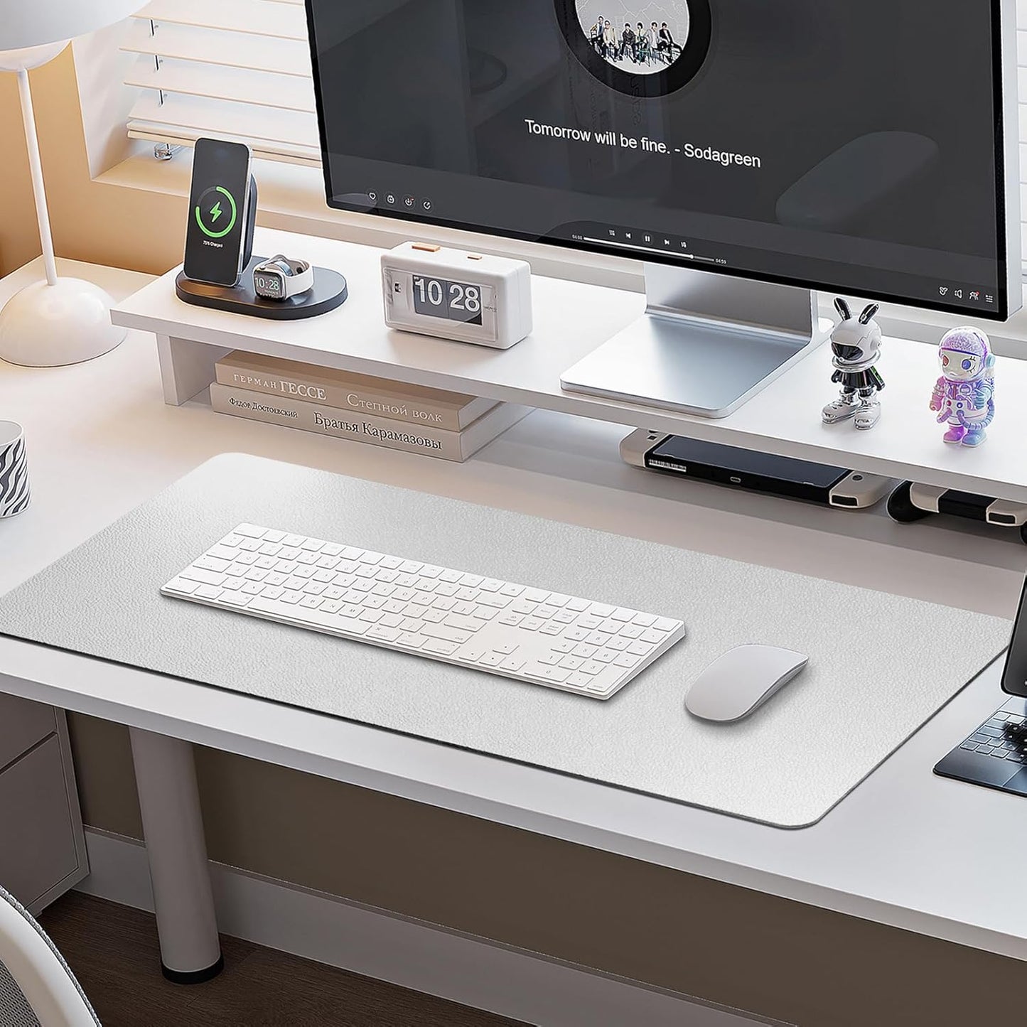 Boutilon Leather Desk Pad Protector,Non-Slip Mouse Pad,Laptop Desk Pad,Office Mouse Mat,Waterproof Leather Desk Blotter,Desk Writing Pad for Office and Home (M-Silver,30"x14")