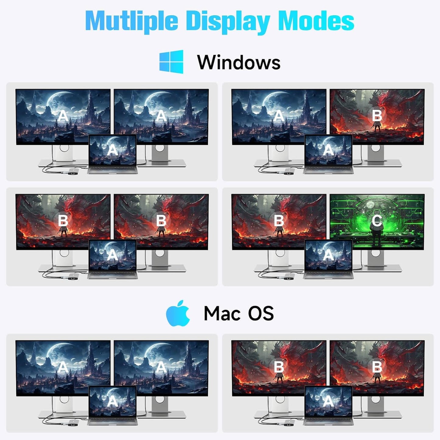 USB C Docking Station Dual Monitor, RSHTECH 11-in-1 USB C Hub Multiport Adapter with 2 HDMI 4K/8K, 3 USB 3.2 Ports 10Gbps(2C+1A), 2 USB 3.0 Ports, 100W PD, Gigabit Ethernet, SD/TF Card Reader