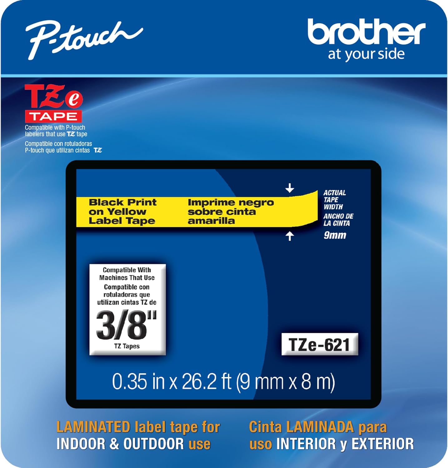 Brother Genuine P-touch, TZe-621CS, 0.35” x 26.2’, Black on Yellow Laminated Label Tape